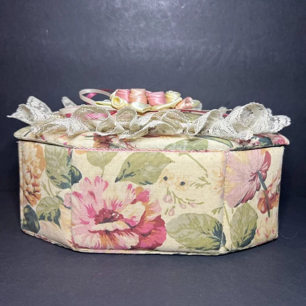 Vintage Ruffled Lace Ribbon & Floral Applique Fabric Octagon Jewelry Trinket Box